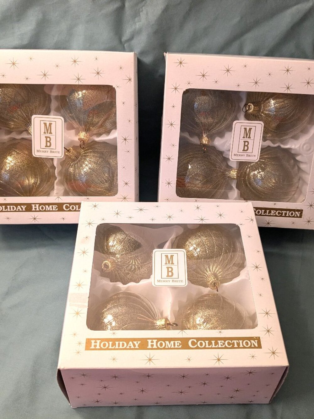 New! 12 Glass Golden Glitter Ornaments